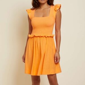Nation LTD Ginger Dress Tang Orange Smocked Ruffle Pima Cotton size Small